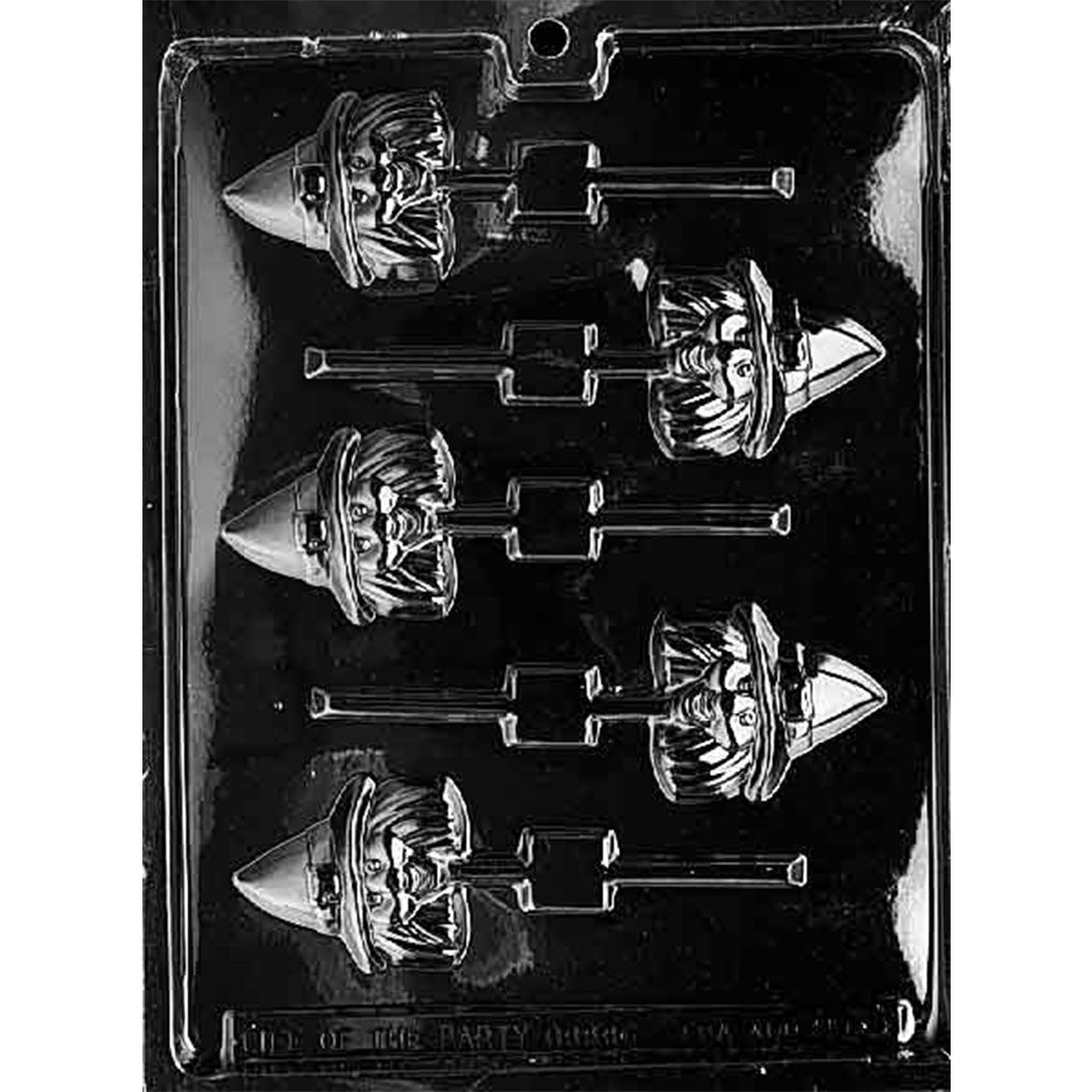 Clear plastic chocolate lollipop mold with six cavities shaped like a witch head wearing a pointed hat.