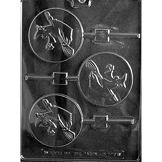 Clear Witch Riding Broom Chocolate Lollipop Mold with three round cavities featuring a witch riding a broom silhouette and built-in stick channels.