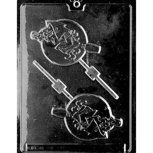 Clear Witch on Broom Over Moon Chocolate Lollipop Mold with 2 round cavities, each showing a witch flying across a full moon, photographed on a black background.