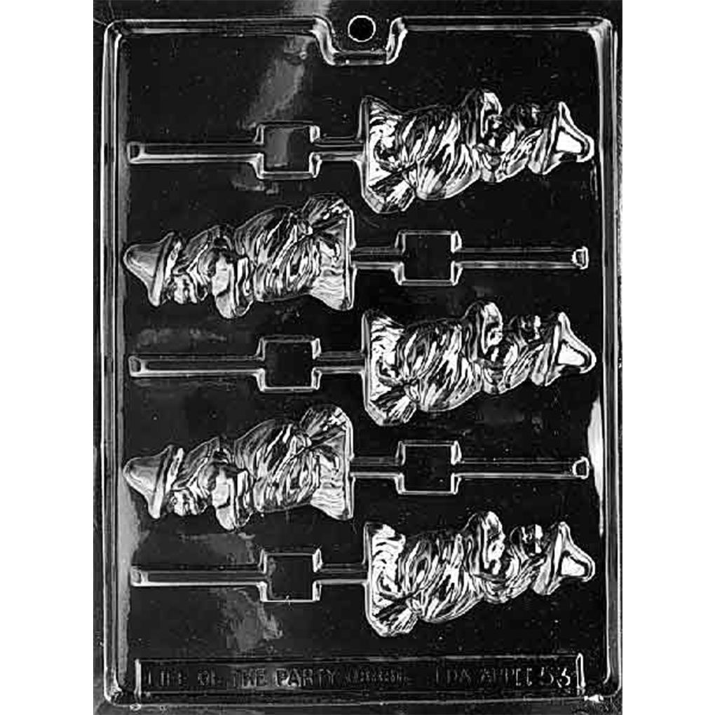 Clear Witch on Broom Chocolate Lollipop Mold with six cavities showing a witch riding a broomstick, photographed against a black background.