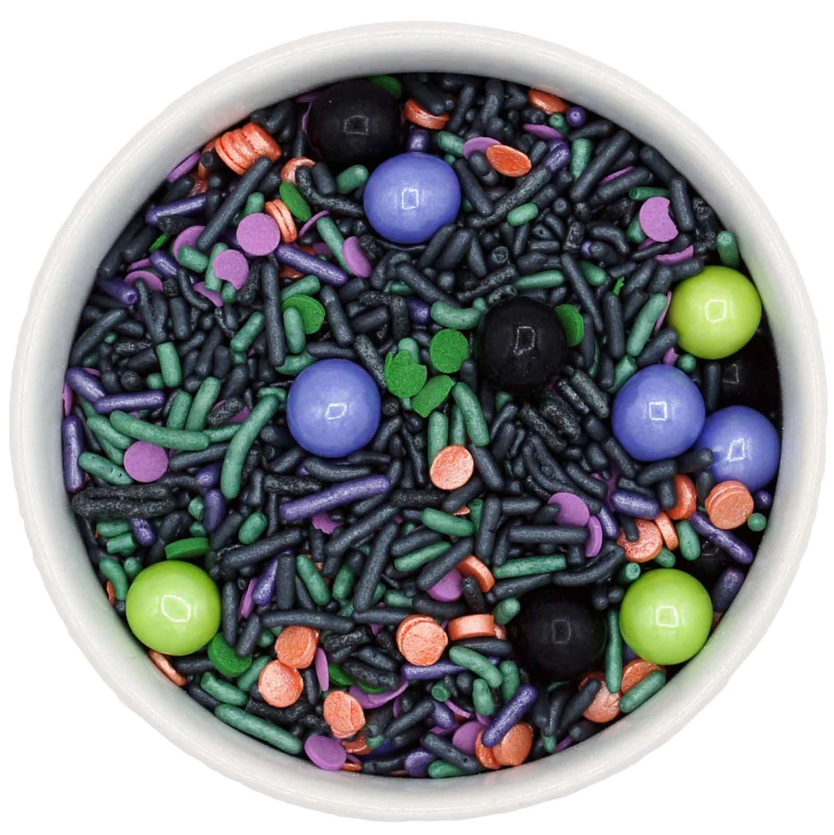 Witches Brew Halloween sprinkle blend in a white bowl with black, purple, green, and orange jimmies, confetti quins, and glossy Sixlets