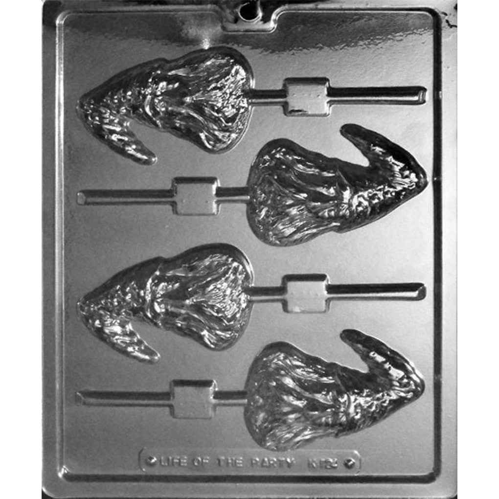 Four-cavity wizard-head chocolate lollipop mold with long textured beards and crooked pointed hats, each measuring 3 1/4 x 2 1/2 x 3/4 inch.