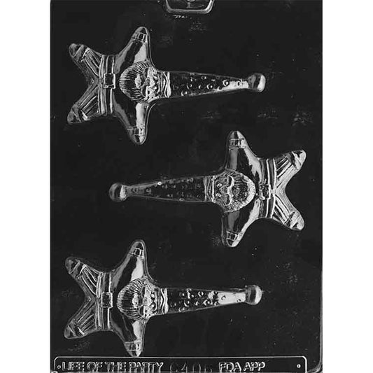 Clear plastic chocolate mold with three wizard Santa cavities shaped like a star-bodied Santa wearing a tall pointed hat, with raised belt and beard features.