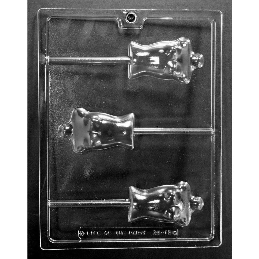 Three-cavity woman’s torso chocolate lollipop mold with smooth sculpted forms and stick channels, each measuring 2 x 3 1/4 x 3/4 inches deep