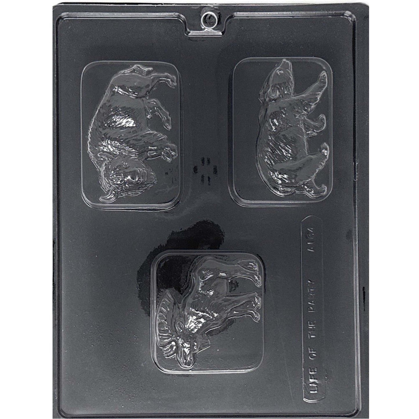 Clear Woodland Animal Chocolate Bar Mold photographed against a black background with three rectangular cavities featuring a bear, bison, and moose.