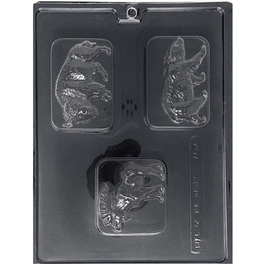 Clear Woodland Animal Chocolate Bar Mold photographed against a black background with three rectangular cavities featuring a bear, bison, and moose.
