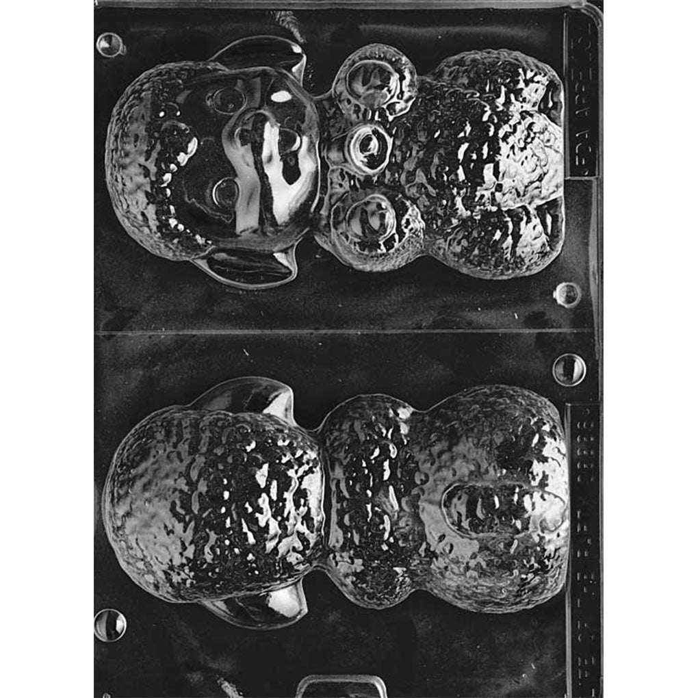 Clear Wooly Lamb 3D Chocolate Mold with two matching lamb halves featuring detailed curly wool, face, ears, legs, and hooves for creating one complete 3D chocolate lamb.