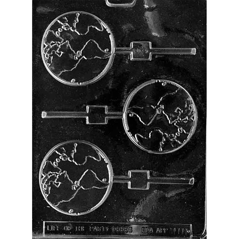 Clear plastic chocolate lollipop mold with three round globe-shaped cavities featuring raised map outlines of continents and stick channels for making world globe chocolate pops.