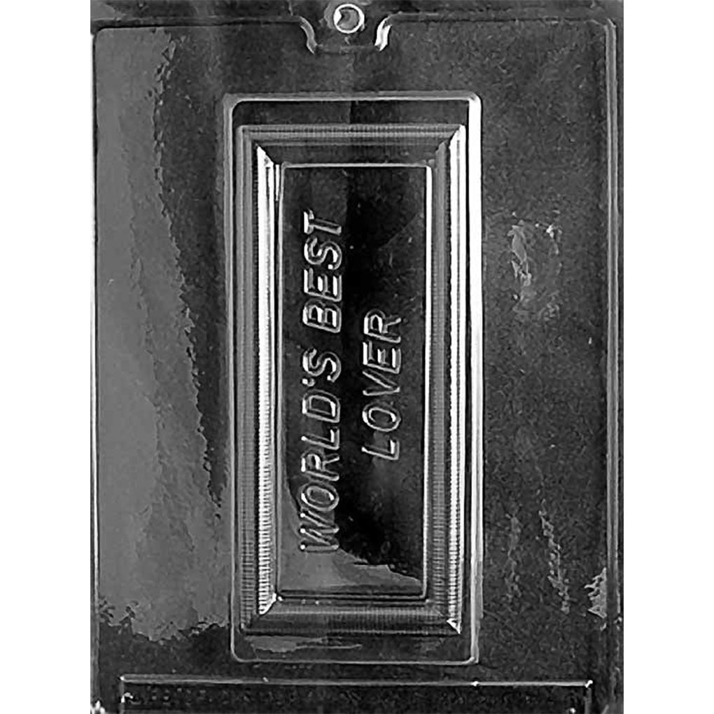Clear World’s Best Lover Chocolate Bar Mold with one 7 3/4-inch rectangular cavity, raised lettering, and a layered border