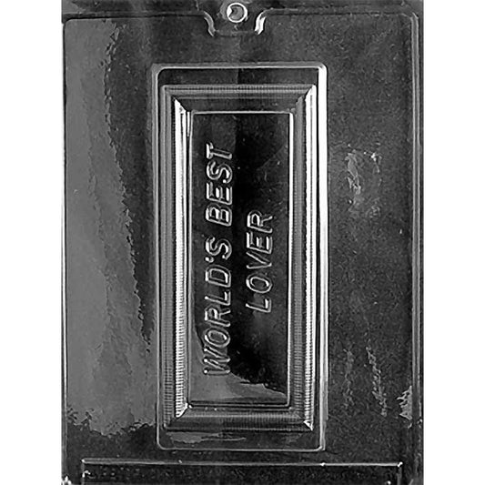 Clear World’s Best Lover Chocolate Bar Mold with one 7 3/4-inch rectangular cavity, raised lettering, and a layered border