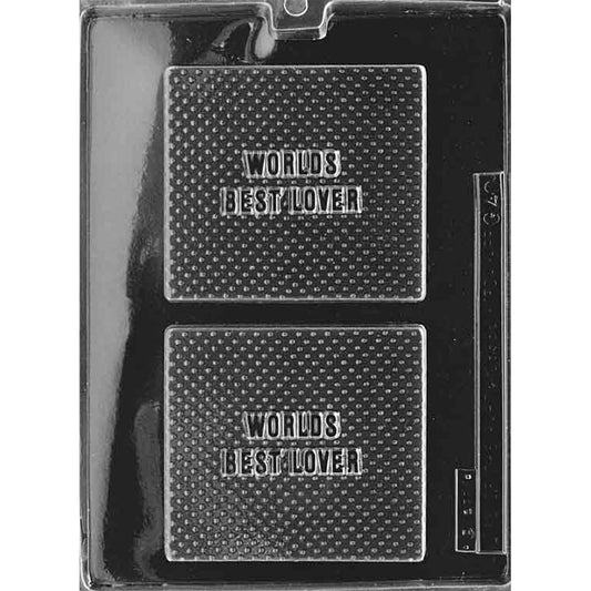 Two-cavity square chocolate bar mold with raised “World’s Best Lover” lettering, dotted background texture, and narrow borders