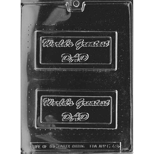 Clear World’s Greatest Dad Chocolate Bar Mold with two rectangular cavities featuring script lettering and framed borders