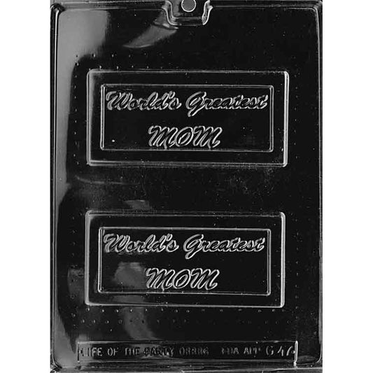 Clear plastic chocolate mold with two rectangular plaque cavities embossed with the words “World’s Greatest Mom,” shown on a dark background.