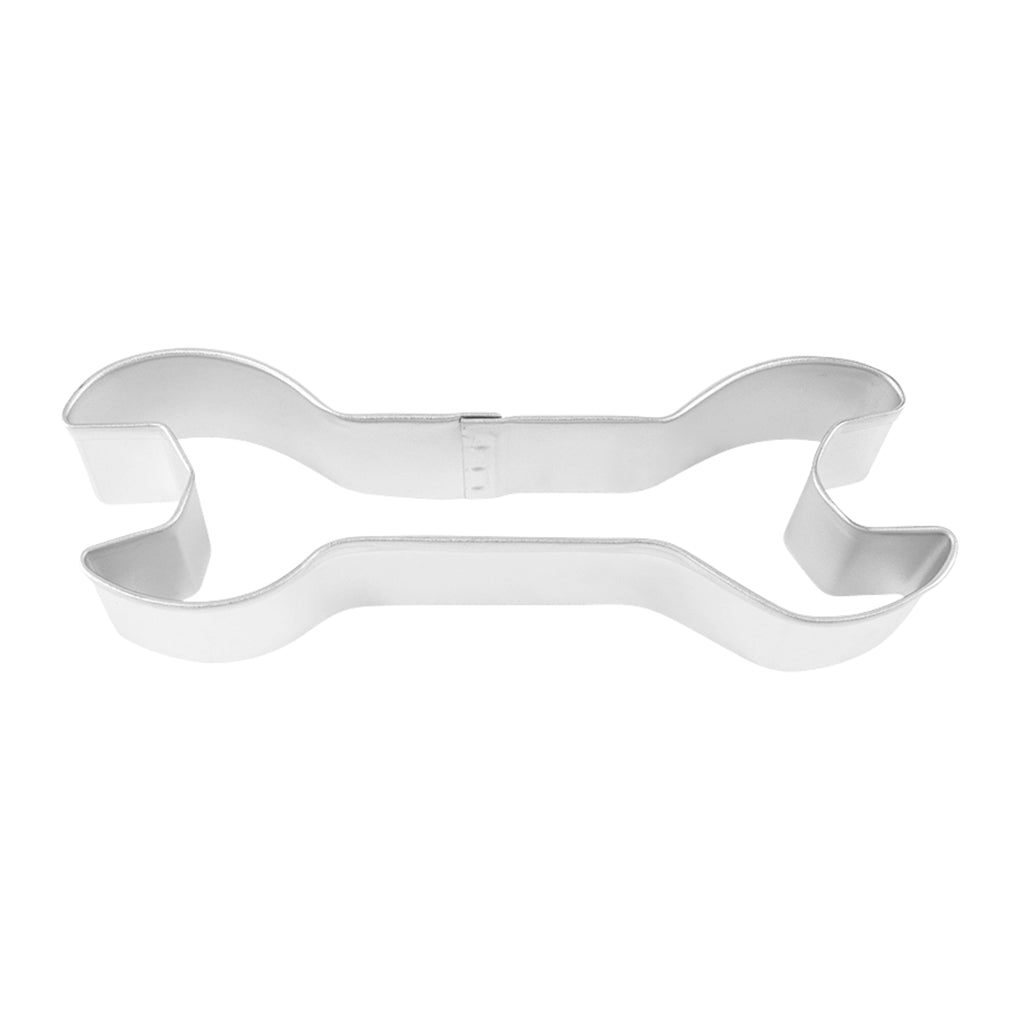 Tinplated steel wrench-shaped cookie cutter, measuring 4.75 inches long.