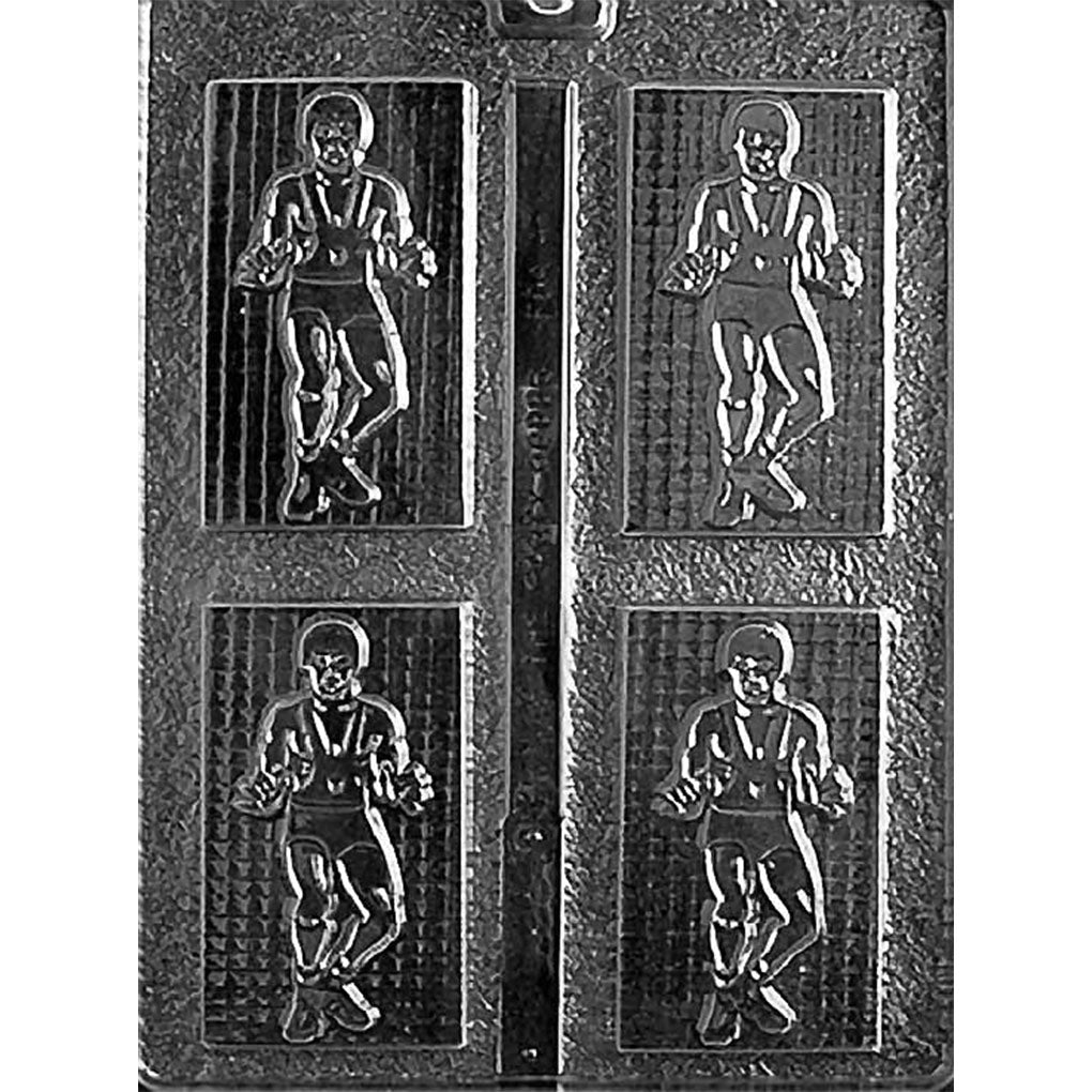 Clear plastic chocolate mold with four rectangular cavities, each featuring an embossed wrestler design.
