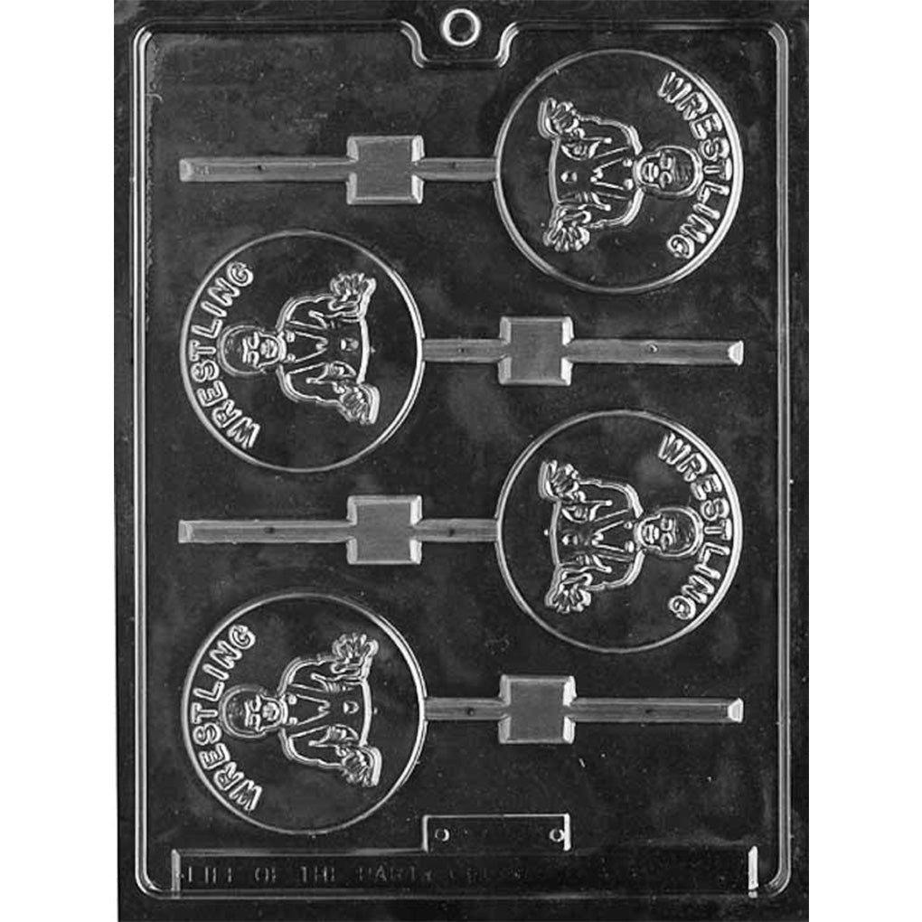Clear plastic Wrestler Chocolate Lollipop Mold with four round cavities featuring a wrestler, raised Wrestling lettering, and stick channels