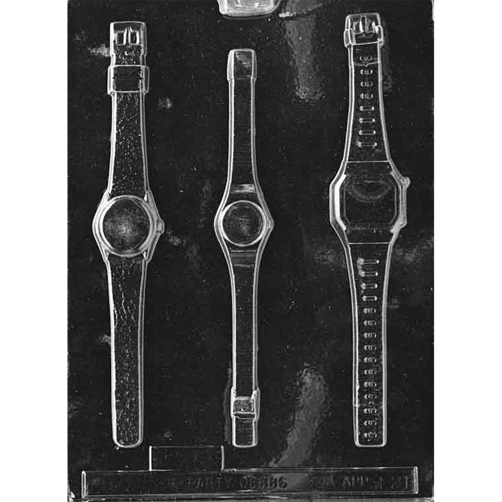 Three-cavity wristwatch assortment chocolate mold with long watch shapes, round and angular faces, detailed straps, buckles, and adjustment holes; largest measures 8 1/4 inches