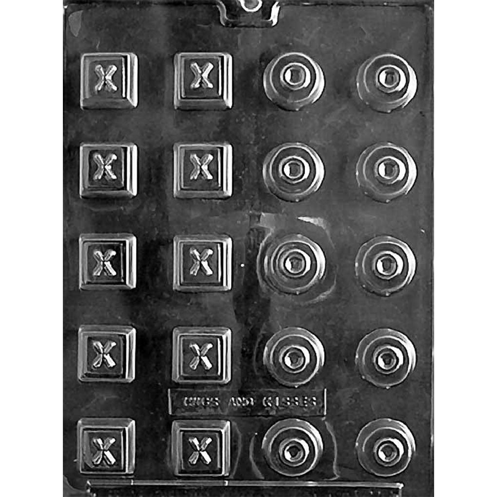 Clear chocolate mold with 20 small cavities arranged in rows, including square pieces with raised X letters and round pieces with raised O letters.
