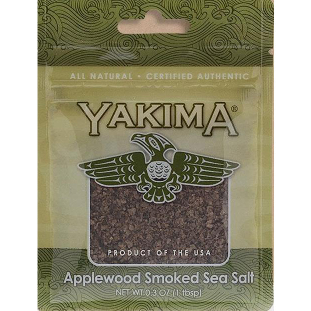 Yakima Applewood Smoked Sea Salt pouch with green patterned background and bird logo, labeled “Product of the USA,” shown front-facing.