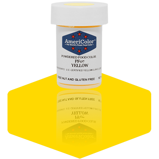 AmeriColor Yellow powdered food coloring 3 gram jar featuring bright yellow powder for spring and citrus-themed cakes.