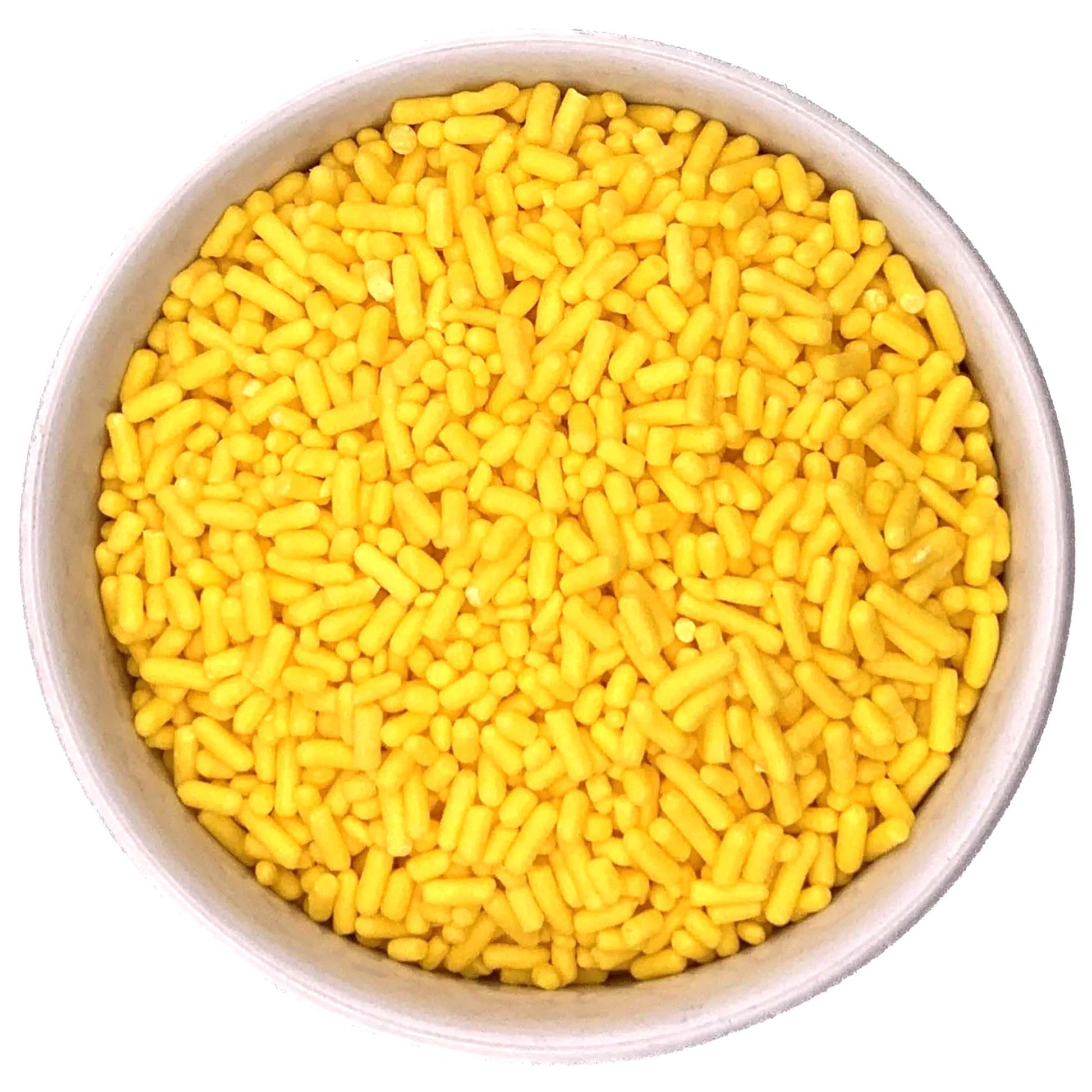 Overhead close-up of a white bowl filled with bright yellow jimmies sprinkles, showing smooth, glossy rod-shaped sprinkles packed together.
