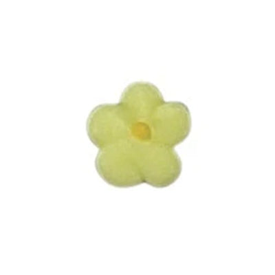 Single pale yellow royal icing drop flower with five rounded petals and a darker yellow center on a white background.