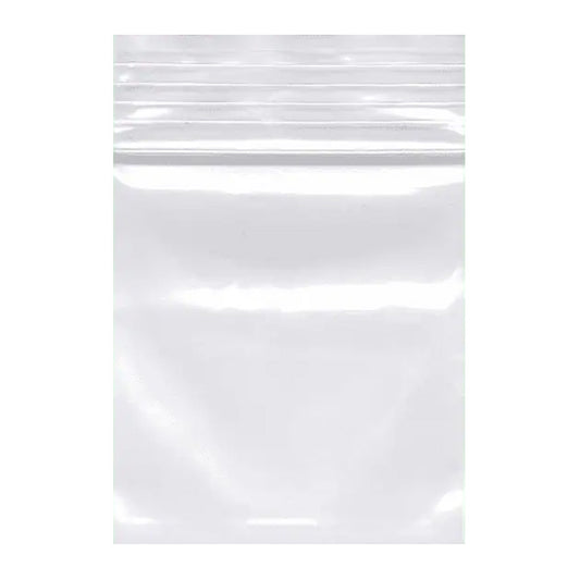 Clear resealable poly zip top bag shown flat on a white background.