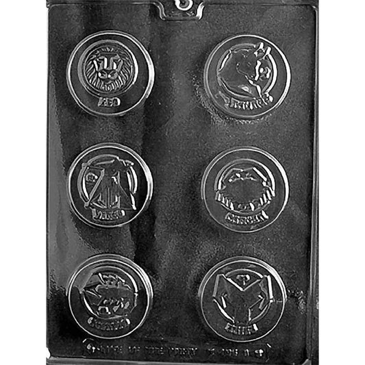 Clear chocolate mold with six round zodiac medallion cavities featuring raised Leo, Taurus, Virgo, Cancer, Scorpio, and Aries symbols and names.