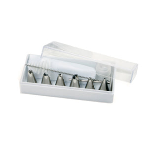 10-piece icing decorating set with stainless steel piping tips, reusable pastry bag, coupler, icing nail, and cleaning brush.