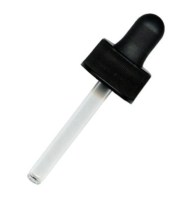 Black rubber-tipped glass eye dropper designed to fit 1 and 2 dram bottles, ideal for use with LorAnn flavorings and other concentrated extracts.