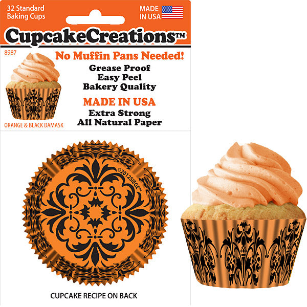 Orange & Black Damask Baking Cups Standard 32/pkg