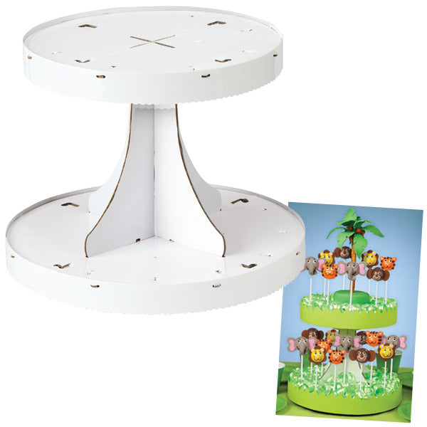 Two-tier white cake pop display stand with scalloped edges, shown assembled with 28 cake pop holes and a second image showing decorated animal cake pops displayed on the stand