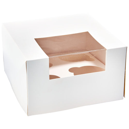 Empty 4-cupcake box with insert, designed for secure transport and display of cupcakes.