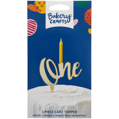 Gold "One" Plastic Candle Holder and Cake Topper