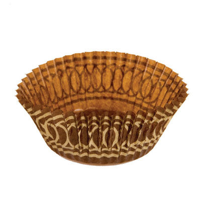 Standard-size brown baking cup with a metallic gold pattern, shown open with pleated sides, part of a 36-count set.