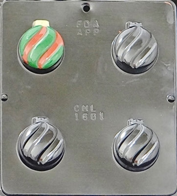 Christmas ornament chocolate mold with four cavities for 2" diameter, swirled designs.