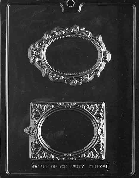 Fancy frames chocolate mold with two ornate frame-shaped cavities for elegant chocolate decorations.