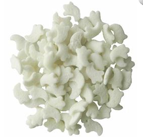 Close-up of white ghost-shaped sprinkles, ideal for Halloween cupcake and cookie decorating