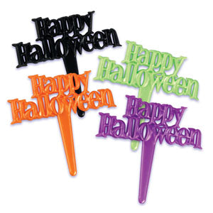 Colorful “Happy Halloween” cupcake picks in green, orange, purple, and black script, ideal for decorating Halloween cupcakes and themed desserts.