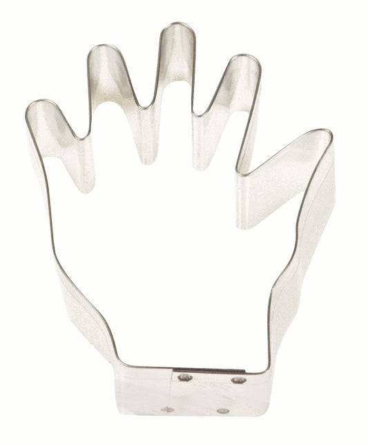 Metal 3-inch hand-shaped cookie cutter with five distinct finger sections.