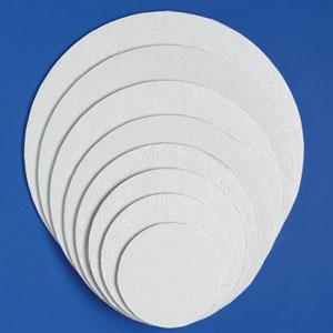 A selection of Non-Coated Cardboard Round Cake Boards in various sizes, ranging from 3 1/2" to 16" in diameter, providing sturdy, single-wall support for cakes and other desserts.