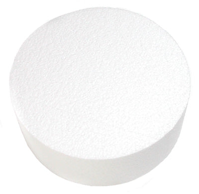 Round white Styrofoam cake dummy available in multiple sizes, ideal for cake decorating practice and display cakes.