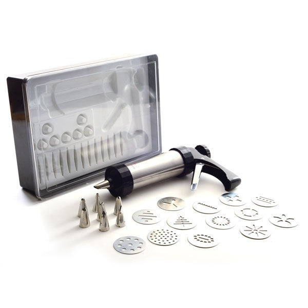 Full cookie press kit with discs, tips, and storage case displayed.