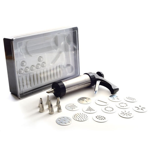 Full cookie press kit with discs, tips, and storage case displayed.
