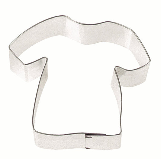 3-inch tin-plated steel cookie cutter in the shape of a T-shirt or jersey. 