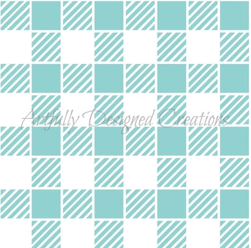 Teal-and-white buffalo plaid cookie stencil pattern preview showing alternating solid squares and diagonal stripe squares in a checkered grid.