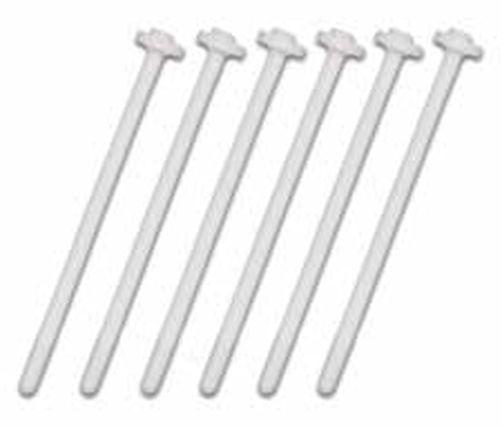 Set of 6 white plastic spacer pegs for securing scalloped cake separator plates between tiers.
