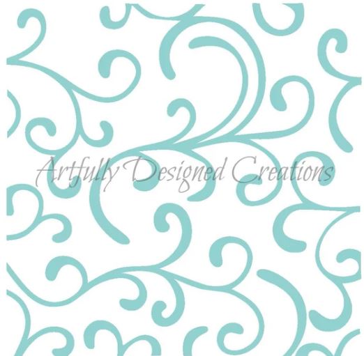 Flourish cake stencil featuring elegant swirling pattern in aqua on a white background, ideal for decorating cakes, cookies, and fondant designs.