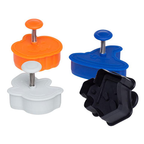 Halloween plunger cutter set with four food-grade plastic cutters shaped like a pumpkin, ghost, witch hat, and bat, each with a spring-loaded stamp mechanism.