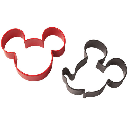 Mickey Mouse cookie cutter set with two shapes—one red Mickey head silhouette and one black full-body Mickey outline.